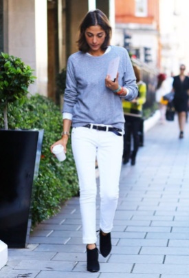 White denim with black booties